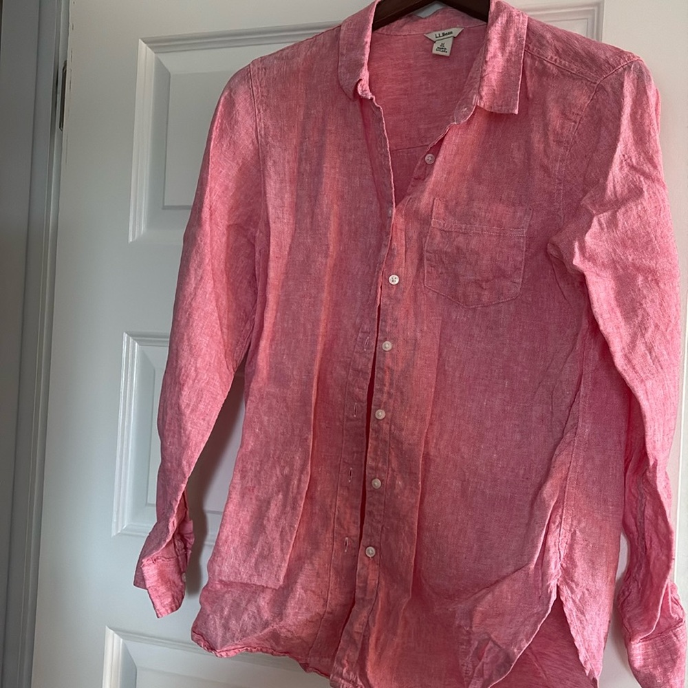 LL Bean, red linen button up, size medium